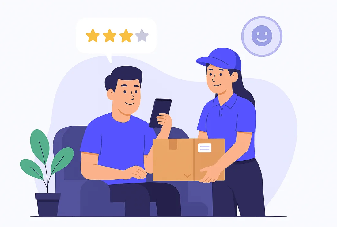 Illustration of branded labels and tracking messages shaping a buyer's post-purchase experience
